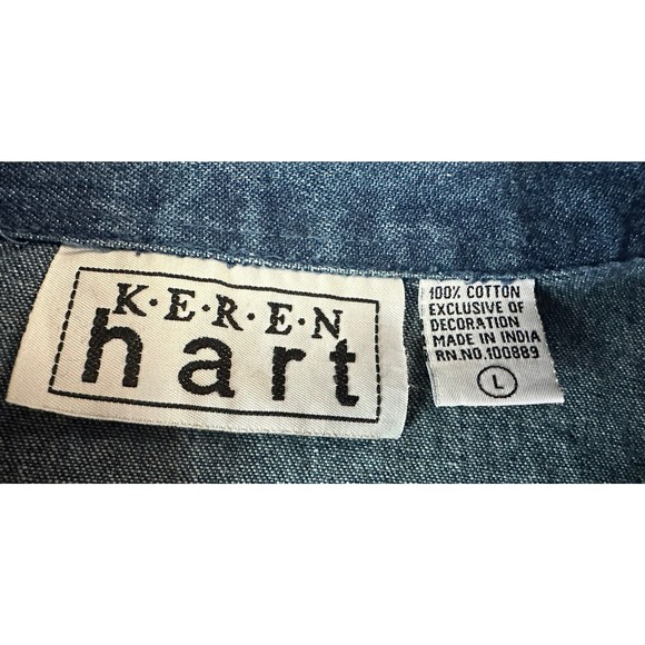 Floral Blue Jean Denim Shirt Jacket Size L Keren Hart Embroidered Shacket Blazer - Picture 5 of 6